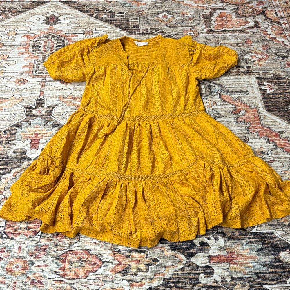 MNG Mango Mustard Lace Boho Short Sleeve Dress sz 6
